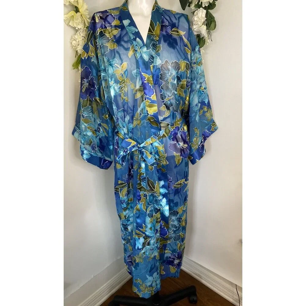 Vintage California Dynasty Blue Semi‎ Sheer Floral Long Robe Medium Pockets EUC